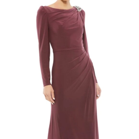 MAC DUGGAL 55695 BOAT NECK JERSEY STRETCH EMBELLISHED SHOULDER MAUVE GOWN sz 6 - Picture 1 of 5